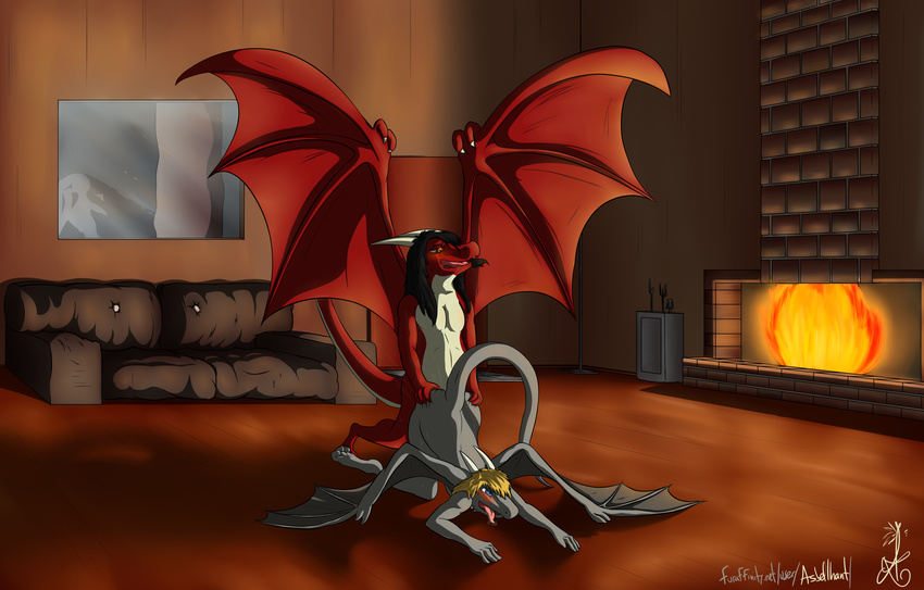 2015 3_toes 4_fingers absurd_res all_fours anthro asbel_lhant black_hair blonde_hair blue_eyes blush digital_media_(artwork) doggystyle dragon drooling duo fire fireplace from_behind_position fucked_silly hair hi_res horn house inside male male/male membranous_wings mountain nude open_mouth orange_eyes saliva scalie sex sofa toes tongue tongue_out tree window wings