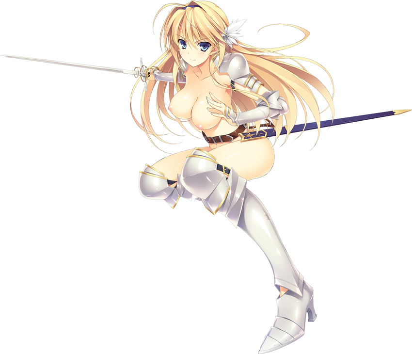 absurdres armor armored_boots blonde_hair boots breasts elcia_harvence highres koikishi_purely_kiss large_breasts long_hair long_sword no_bra no_panties smile solo sword weapon yuuki_hagure