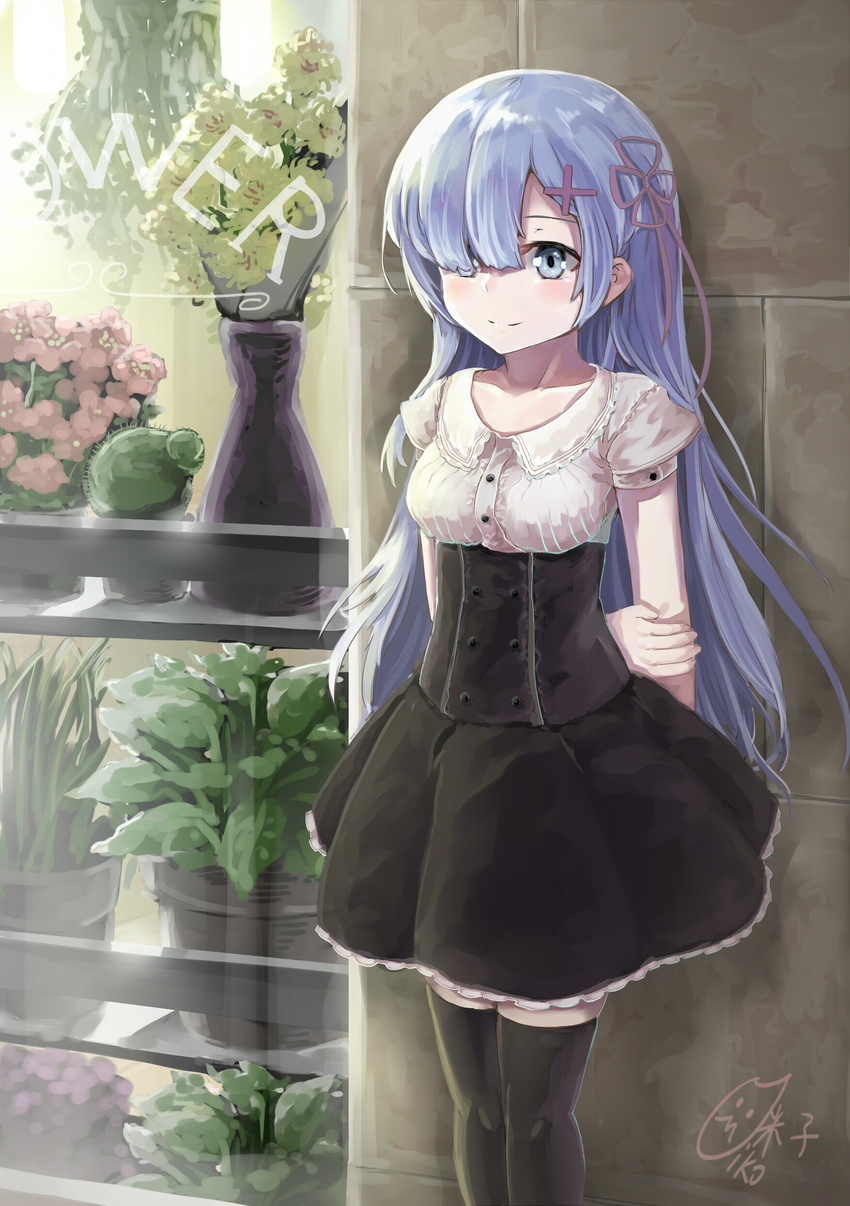 absurdres against_wall alternate_costume alternate_hair_length alternate_hairstyle arms_behind_back black_legwear blue_eyes blue_hair blush buttons cactus collarbone dress english flower flower_pot flower_shop frilled_dress frills hair_ornament hair_over_one_eye highres long_hair plant re:zero_kara_hajimeru_isekai_seikatsu rem_(re:zero) shop short_sleeves signature smile solo standing thighhighs underbust vase window x_hair_ornament yonago_miko