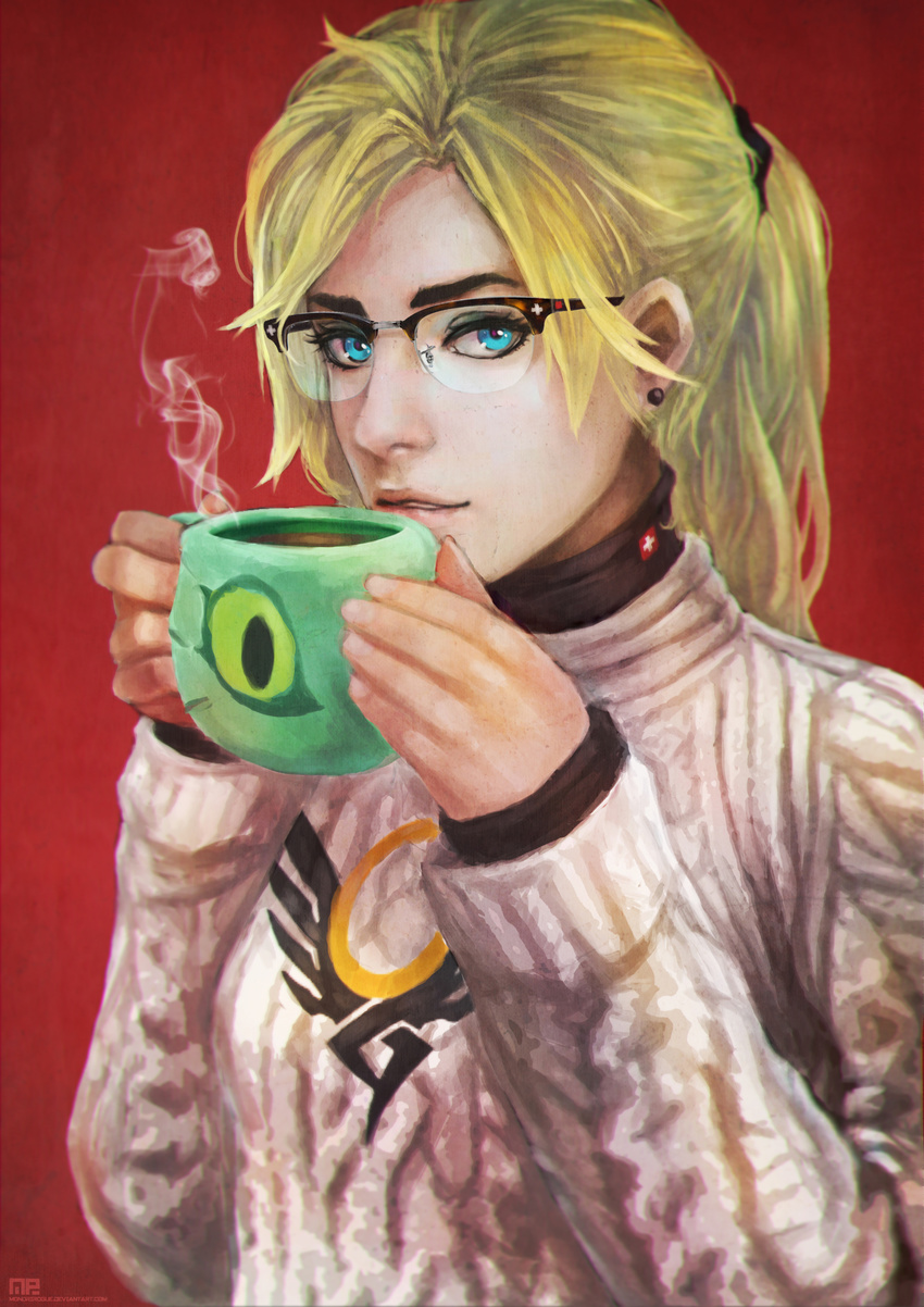 absurdres aran_sweater bespectacled black-framed_eyewear blonde_hair blue_eyes casual coffee coffee_mug cup glasses highres long_hair long_sleeves looking_at_viewer mercy_(overwatch) monori_rogue mug overwatch ponytail ribbed_sweater scrunchie semi-rimless_eyewear signature solo steam sweater swiss_flag upper_body watermark web_address