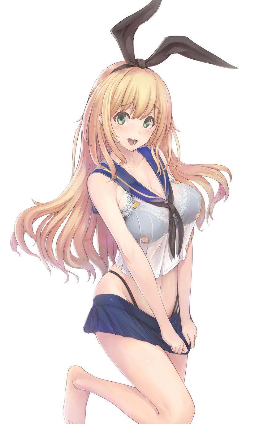 :d atago_(kantai_collection) barefoot black_ribbon blonde_hair blue_skirt blush bra breasts cleavage collarbone cosplay covered_nipples covering covering_crotch green_eyes hair_ribbon highres kantai_collection lace_trim large_breasts long_hair microskirt navel open_mouth pleated_skirt ribbon sailor_collar see-through shimakaze_(kantai_collection) shimakaze_(kantai_collection)_(cosplay) shirt simple_background skirt skirt_pull smile solo standing standing_on_one_leg underwear urigarasu wet wet_clothes wet_shirt white_background