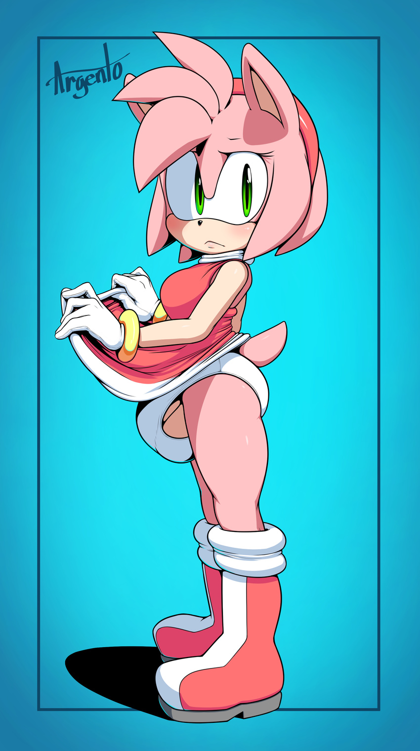 2016 absurd_res amy_rose anthro argento boots bulge clothed clothing dickgirl dress footwear fur gloves green_eyes hair hedgehog hi_res intersex looking_at_viewer mammal panties panty_shot pink_fur pink_hair simple_background solo sonic_(series) underwear