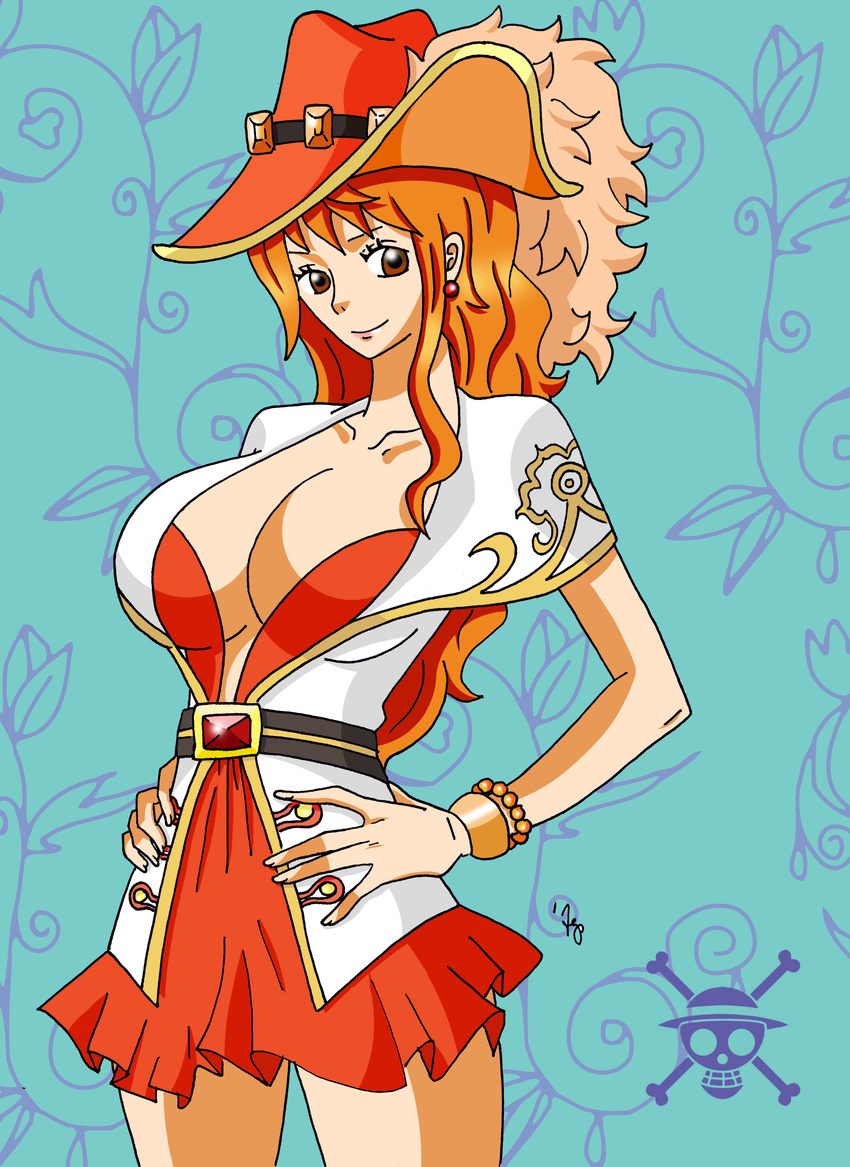 bracelet breasts brown_eyes cleavage dress earrings female hat large_breasts leg legs lipstick long_hair looking_at_viewer makeup mugiwara mugiwara_pirates nami nami_(_one_piece_) nami_(one_piece) nami_onepiece one_piece orange orange_dress orange_hair pirate sideboob smile solo standing