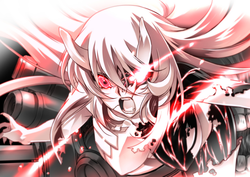 breasts central_hime glowing glowing_eyes hair_between_eyes horns kantai_collection large_breasts long_hair machinery open_mouth red_eyes senomoto_hisashi shinkaisei-kan solo teeth very_long_hair white_hair white_skin