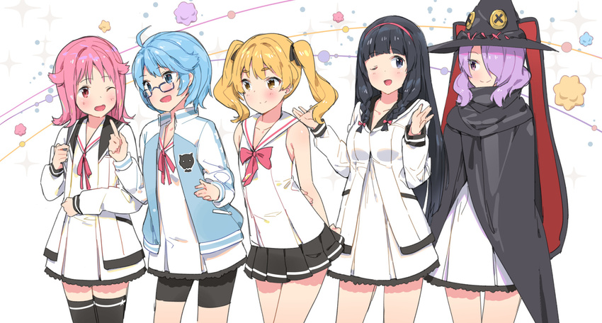 :d ;d ahoge aoi_(houkago_no_pleiades) arms_behind_back bangs bike_shorts black_cloak black_eyes black_hair black_legwear blonde_hair blue_eyes blue_hair blunt_bangs blush bow braid cloak closed_mouth collarbone commentary_request cowboy_shot ddal dress eye_contact eyebrows eyebrows_visible_through_hair glasses hair_flaps hair_ornament hair_over_one_eye hairband hat highres hikaru_(houkago_no_pleiades) houkago_no_pleiades index_finger_raised itsuki_(houkago_no_pleiades) jacket long_hair long_sleeves looking_at_another multiple_girls nanako_(houkago_no_pleiades) one_eye_closed open_mouth pink_eyes pink_hair pleated_skirt pleiadean purple_eyes purple_hair red_bow red_ribbon ribbon school_uniform serafuku short_hair skirt sleeveless smile sparkle standing subaru_(houkago_no_pleiades) talking thick_eyebrows thighhighs twin_braids twintails white_dress witch_hat yellow_eyes