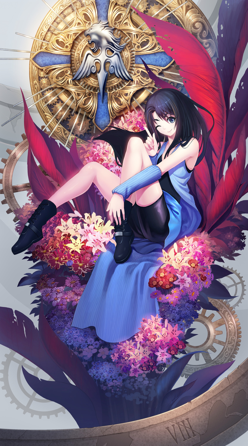 ;) absurdres arm_warmers bike_shorts black_eyes black_hair blue_dress boots diamond_dust dress final_fantasy final_fantasy_viii flower highres index_finger_raised looking_at_viewer one_eye_closed revision rinoa_heartilly roman_numerals sitting sleeveless_duster smile solo