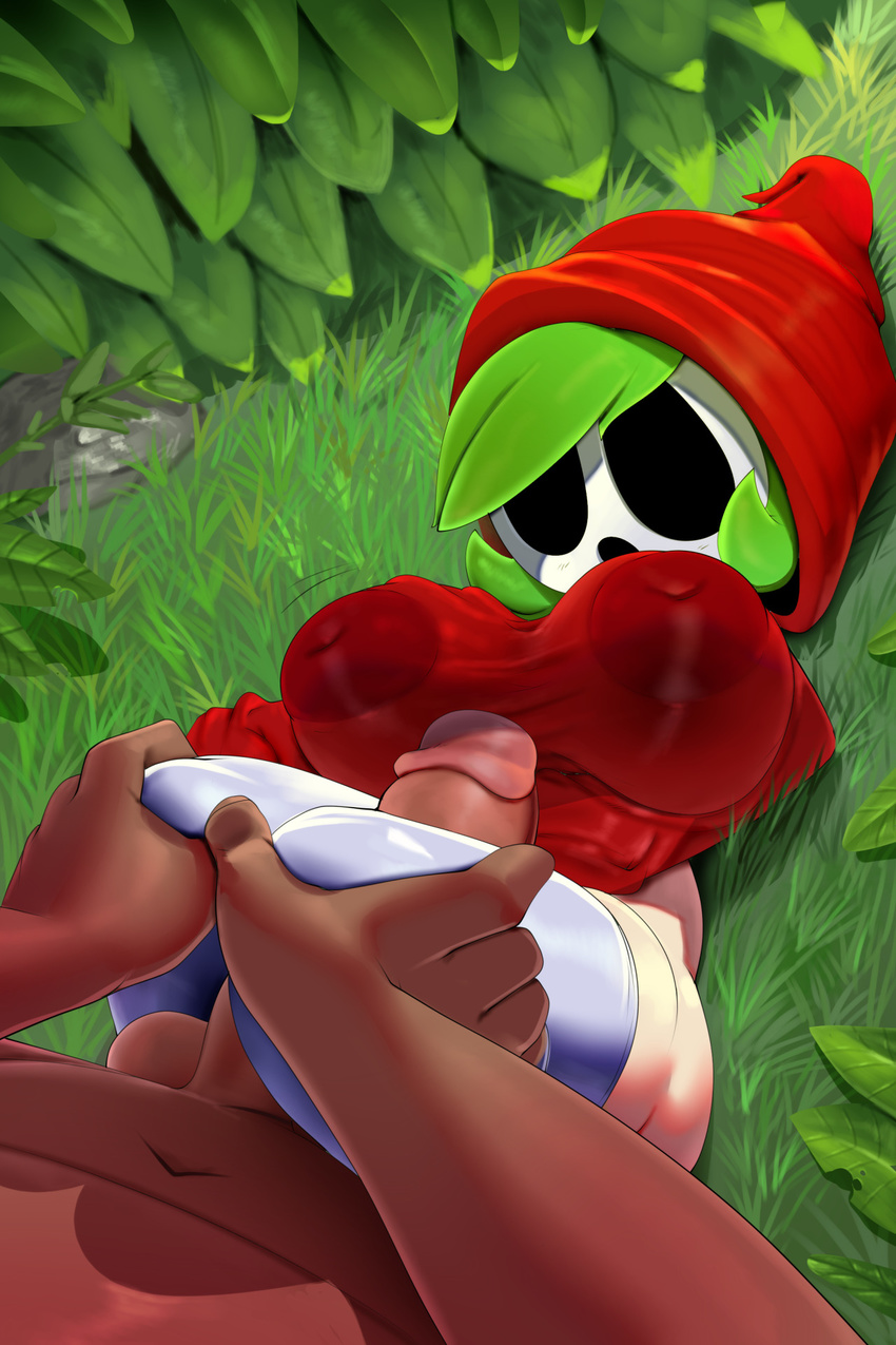 big_breasts breasts female green_hair hair human humanoid interspecies inverted_nipples mammal mario_bros mask nintendo nipples penis sex shygirl shyguy solo theboogie thick_thighs thigh_sex video_games