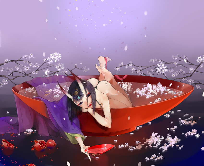 ass black_hair bob_cut cherry_blossoms cup fate/grand_order fate_(series) food fruit horns in_container japanese_clothes kimono oni oni_horns oversized_object pale_skin partially_submerged persimmon petals petals_on_liquid picube525528 purple_eyes sakazuki short_hair shuten_douji_(fate/grand_order) solo