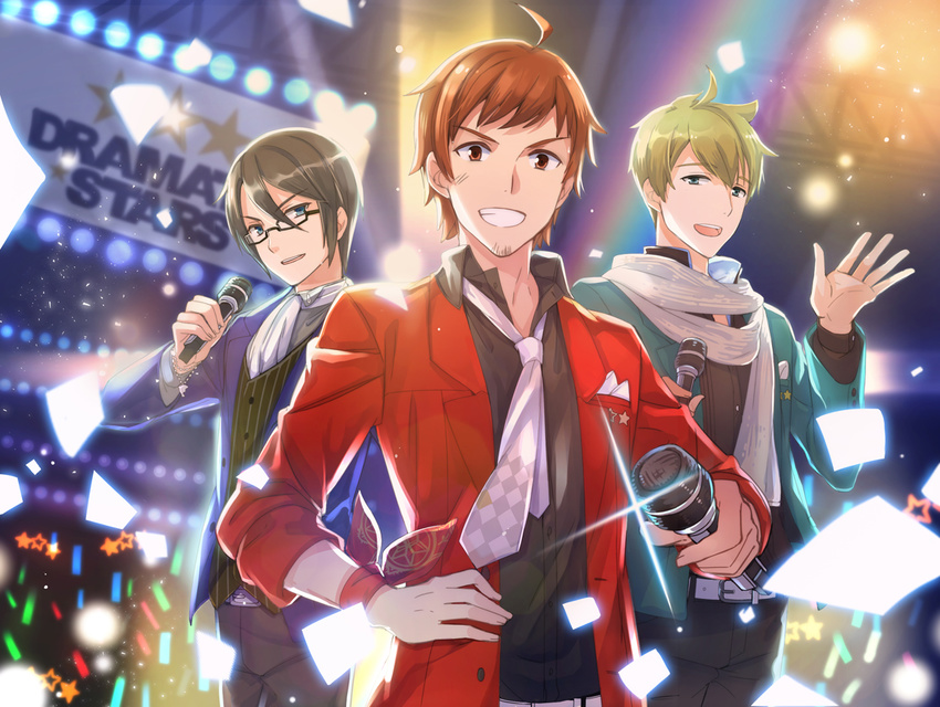 ahoge bandana black_hair blue_eyes dramatic_stars facial_hair glasses glowstick goatee green_eyes green_hair grin hand_on_hip handkerchief idol idolmaster idolmaster_side-m jin_young-in kashiwagi_tsubasa looking_at_viewer male_focus microphone multiple_boys necktie red_eyes red_hair sakuraba_kaoru scarf smile sparkle star tendou_teru upper_body white_neckwear