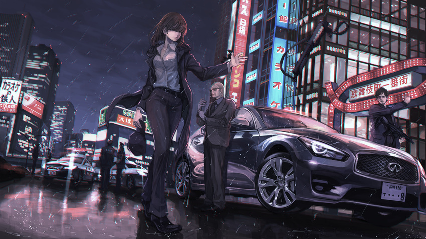 4boys assault_rifle belt black_hair brown_hair building business_suit car city cloud cloudy_sky doutor_coffee formal gloves ground_vehicle gun hat hat_removed headwear_removed highres koh_(minagi_kou) long_sleeves motor_vehicle multiple_boys night nissan nissan_skyline original pants police police_car police_uniform policeman rain real_world_location revision rifle shinjuku shirt shotgun sky subaru_(brand) suit tailcoat throwing tokyo_(city) uniform weapon weapon_request