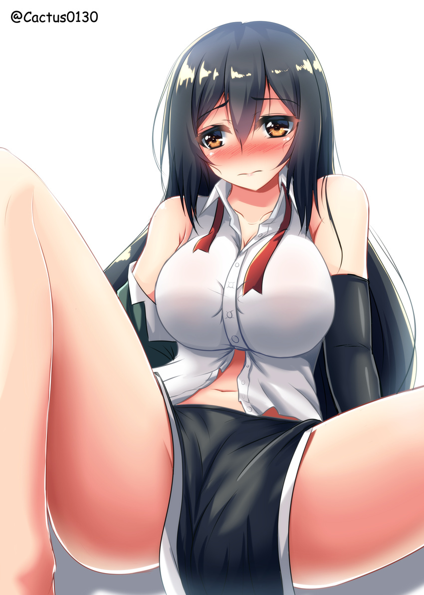 absurdres bangs between_legs black_hair blush breasts brown_eyes chikuma_(kantai_collection) cleavage closed_mouth dress_shirt embarrassed eyebrows eyebrows_visible_through_hair hair_between_eyes highres kantai_collection large_breasts long_hair looking_away navel off_shoulder pelvic_curtain red_ribbon remodel_(kantai_collection) ribbon saboten_teishoku shadow shirt simple_background sitting sleeveless sleeveless_shirt solo spread_legs stomach twitter_username unbuttoned untied very_long_hair white_background white_shirt