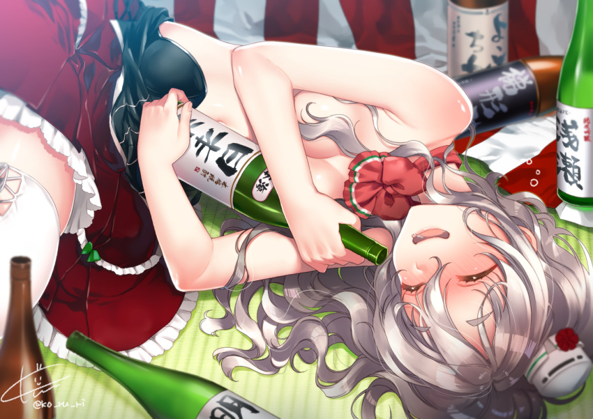 1girl alcohol bangs blush bottle breasts cleavage clothes_pull corset drunk eyes_closed grey_hair hair_between_eyes hair_over_breasts hat kantai_collection koruri large_breasts long_hair lying mini_hat miniskirt on_side open_mouth petticoat pola_(kantai_collection) red_skirt shirt shirt_pull sidelocks signature skirt smile solo tatami thighhighs topless twitter_username wavy_hair white_legwear white_shirt wine