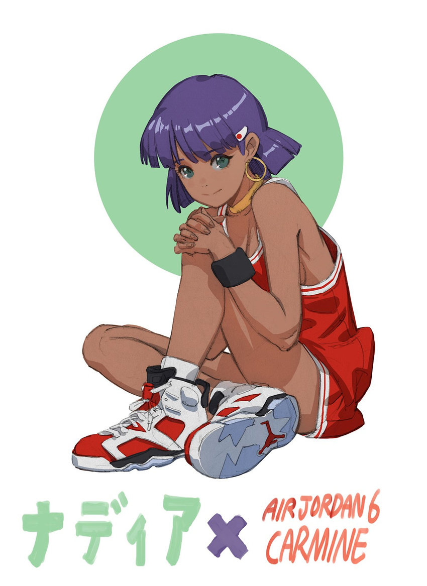 air_jordan air_jordan_6 bad_id bad_twitter_id bangs bare_shoulders basketball_uniform breasts character_name choker closed_mouth dark_skin earrings eyebrows_visible_through_hair full_body fushigi_no_umi_no_nadia green_eyes hair_ornament highres hoop_earrings interlocked_fingers jewelry knee_up looking_at_viewer nadia own_hands_together purple_hair red_vest shoelaces shoes short_hair sideboob simple_background sitting smile sneakers solo sportswear sunkist sweatband vest white_background wristband yellow_choker