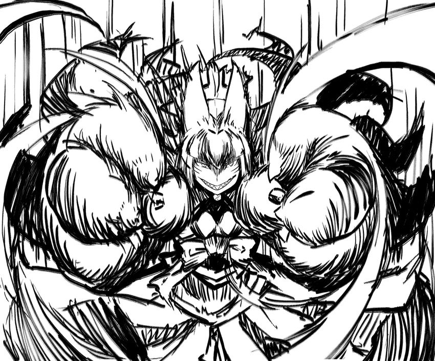 animal_ears attacking_viewer body_markings breasts casting_spell claws cleavage dress facial_mark fantasy floating floating_clothes fox_ears fox_tail greyscale grin impossible_clothes impossible_hair japanese_clothes jingai_modoki kimono large_breasts long_hair looking_at_viewer mon-musu_quest! monochrome monster_girl multiple_tails open_eyes paws pointy_ears ponytail sharp_teeth simple_background sleeveless smile smirk solo tail teeth torotoro_resistance yao_(mon-musu_quest!)