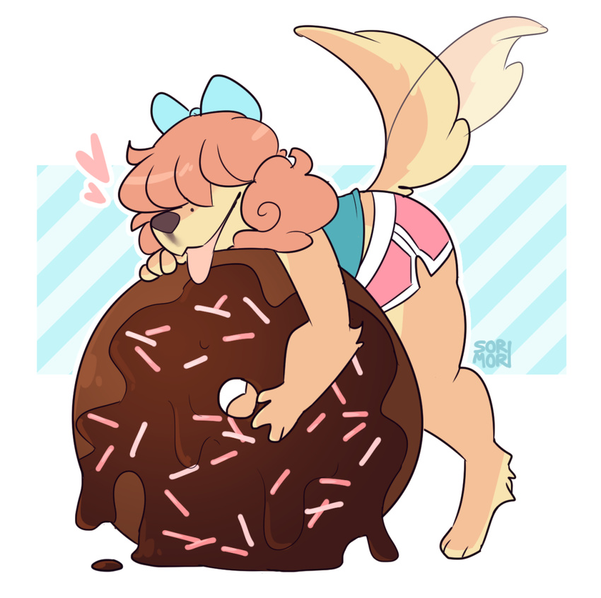 &lt;3 anthro canine clothed clothing doughnut female food mammal open_mouth rosie_(sorimori) simple_background solo sorimori tailwag tongue tongue_out