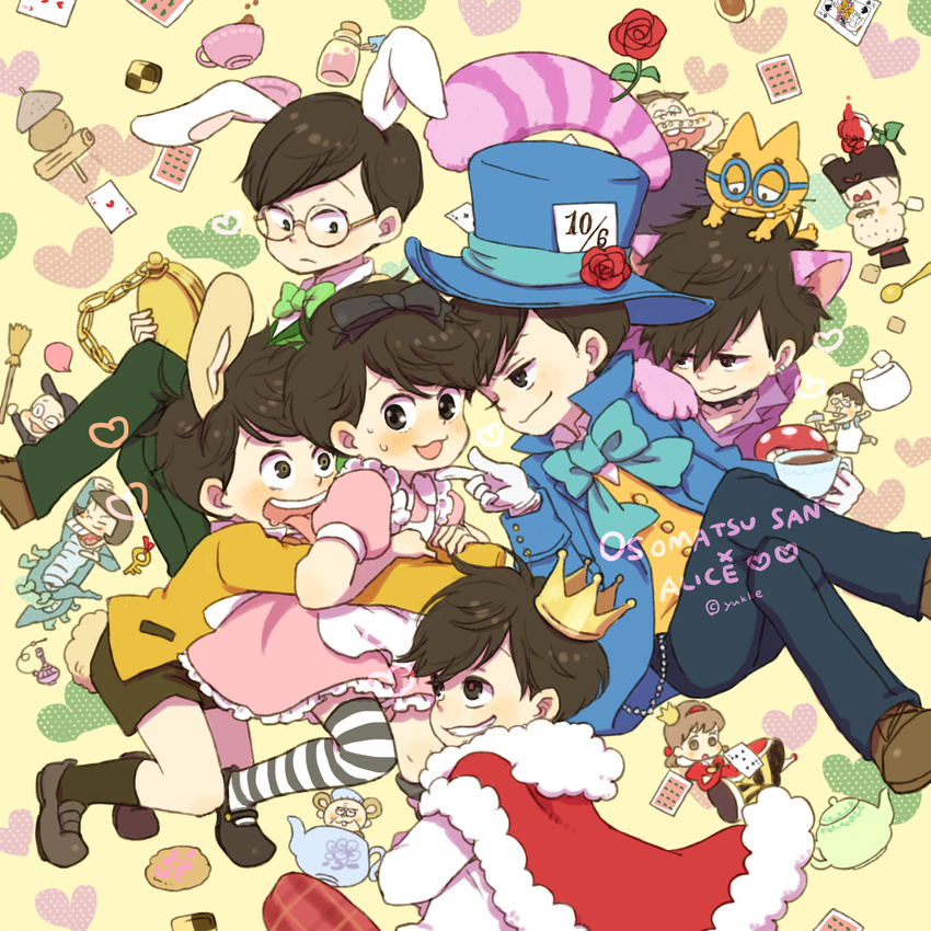 6+boys :3 :d :o ^_^ alice_(wonderland) alice_(wonderland)_(cosplay) alice_in_wonderland animal animal_costume animal_ears animal_on_head apron arm_holding bangs baseball_cap black_bow black_eyes black_footwear black_hat black_legwear black_shorts blue_hat blue_jacket blue_pants blush bottle bow bowl bowl_cut bowtie broom brothers brown_eyes brown_footwear brown_hair brown_shorts buck_teeth bunny_ears bunny_tail cape card cat cat_on_head cat_tail caterpillar_(wonderland) caterpillar_(wonderland)_(cosplay) cheshire_cat cheshire_cat_(cosplay) chibita closed_eyes closed_mouth club_(shape) collar cookie copyright_name cosplay crossdressing crossed_legs crown cup dayoon dekapan diamond_(shape) dormouse dormouse_(cosplay) dress drooling ear_piercing esper_nyanko falling finger_to_another's_chin flag flower food frilled_dress frills frown fur_trim glasses gloves green_bow green_neckwear green_pants green_vest grin hair_bow hairband hammer hand_on_another's_arm hand_on_another's_shoulder hat hat_ribbon hatabou head_flag heart highres hijirisawa_shonosuke holding holding_cup holding_weapon hookah hug hug_from_behind humpty_dumpty incest iyami jacket kemonomimi_mode key king_of_hearts_(wonderland) king_of_hearts_(wonderland)_(cosplay) kneehighs leaning_forward leaning_on_person leaning_to_the_side long_sleeves looking_at_another looking_to_the_side looking_up low_twintails mad_hatter mad_hatter_(cosplay) march_hare march_hare_(cosplay) matsuno_choromatsu matsuno_ichimatsu matsuno_juushimatsu matsuno_karamatsu matsuno_osomatsu matsuno_todomatsu mouse_ears multicolored multicolored_tail multiple_boys number object_on_head oden on_head open_mouth osomatsu-kun osomatsu-san outstretched_arms pants paw_gloves paws piercing pink_dress plaid plaid_pants plate playing_card pocket_watch poison_mushroom puffy_short_sleeves puffy_sleeves queen_of_hearts queen_of_hearts_(cosplay) red_bow red_cape red_flower red_footwear red_neckwear red_rose ribbon rimless_eyewear rose round_eyewear royal_robe saucer sextuplets sheeeh! shirt shirtless shoes short_sleeves short_twintails shorts siblings sleeves_past_wrists smile spade_(shape) spiked_collar spikes spoon striped striped_legwear sugar_cube sweatdrop swept_bangs tail teacup teapot teeth thighhighs tongue tongue_out top_hat twintails twitter_username upside-down vest watch weapon white_armor white_flag white_flower white_rabbit white_rabbit_(cosplay) white_rose white_shirt yaoi yellow_background yellow_jacket yowai_totoko yukke