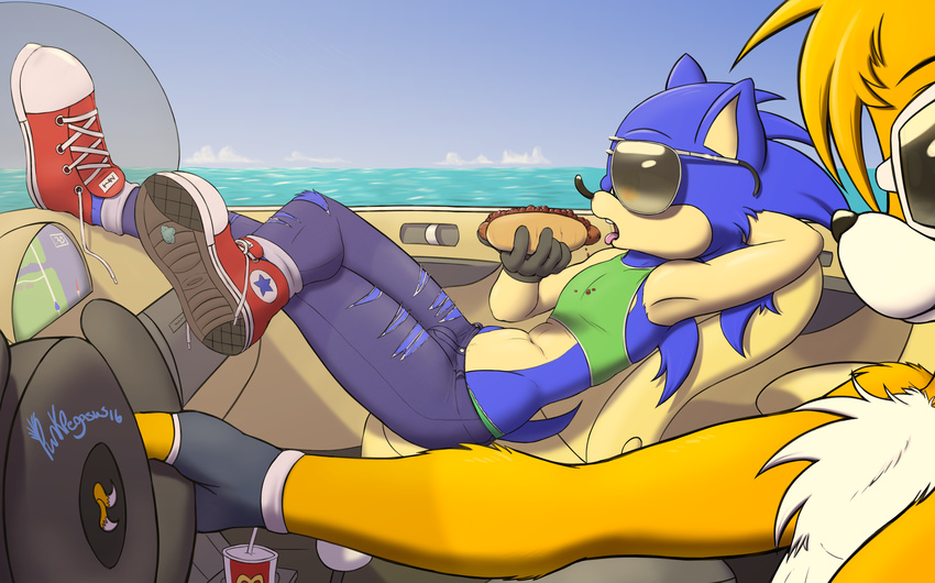 canine car chili-dog clothing eyewear food fox girly gloves hedgehog jeans mammal miles_prower pants punk-pegasus shirt sonic_(series) sonic_the_hedgehog sunglasses tank_top vehicle