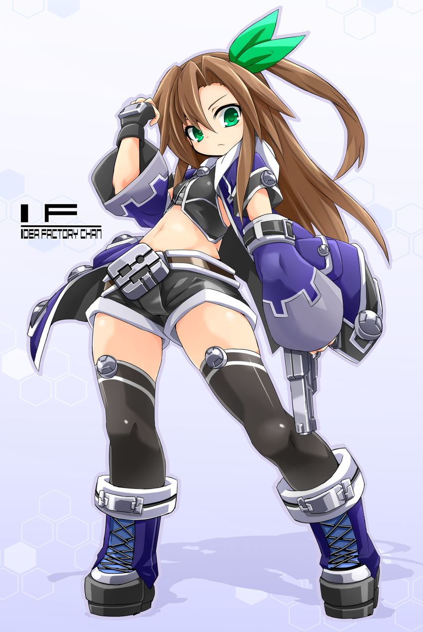 black_gloves black_legwear boots brown_hair character_name company_name cross-laced_footwear detached_sleeves fingerless_gloves full_body gloves gradient gradient_background green_eyes gun hair_between_eyes hair_ribbon handgun hexagon highres if_(choujigen_game_neptune) karukan_(monjya) long_hair midriff navel neptune_(series) one_side_up pistol revision ribbon shorts silhouette solo thighhighs weapon