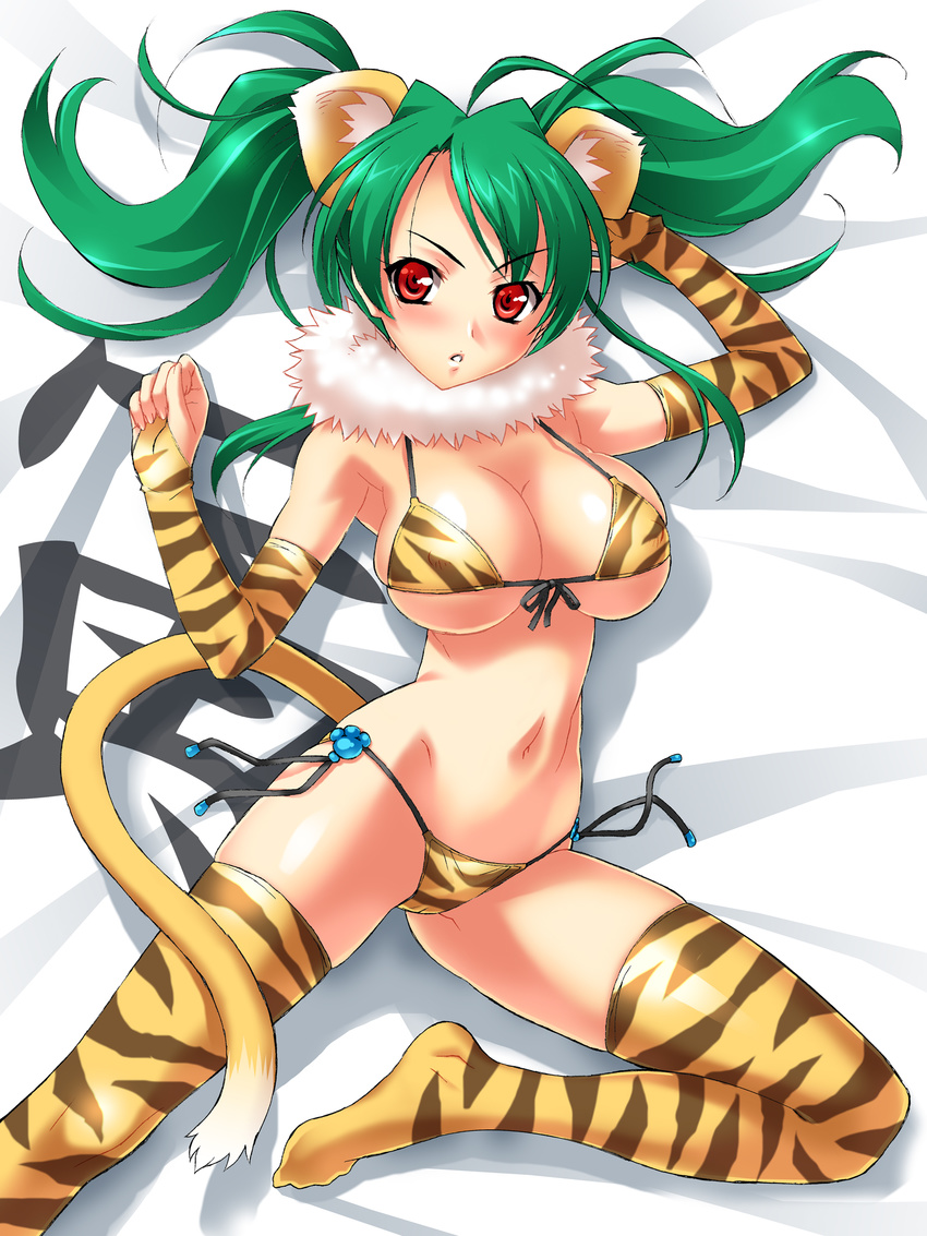 animal_humanoid big_breasts bikini blush breasts cat_humanoid chamcham clothed clothing ddlngo elbow_gloves feline female gloves green_hair hair humanoid legwear mammal pose red_eyes samurai_shodown skimpy solo swimsuit thigh_highs tight_clothing video_games