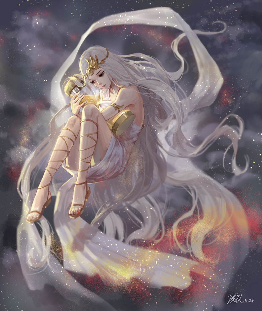 bakgae dress feet fetal_position floating full_body gold highres holding hourglass knees_together_feet_apart long_hair ribbon sandals shoes signature silver_dress silver_hair solo space star_(sky) toes very_long_hair watermark