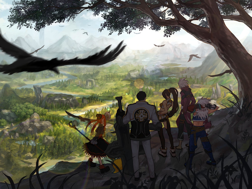 3boys bakgae bird blurry bokeh breasts brown_hair cross cross_print day depth_of_field dungeon_and_fighter fighter_(dungeon_and_fighter) from_behind gunner_(dungeon_and_fighter) hat highres long_hair mage_(dungeon_and_fighter) medium_breasts mountain multiple_boys multiple_girls nature official_art outdoors priest_(dungeon_and_fighter) river rock scenery shoes slayer_(dungeon_and_fighter) standing tree twintails water white_hair