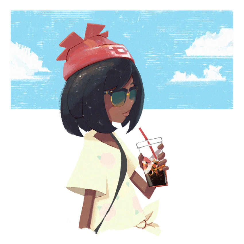 beanie black_hair dark_skin drink female_protagonist_(pokemon_sm) hat pokemon pokemon_(game) pokemon_sm red_hat short_hair sunglasses