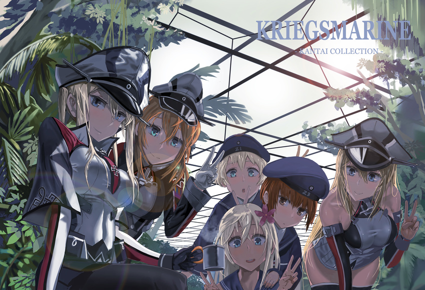 absurdres anchor arm_warmers bismarck_(kantai_collection) black_legwear blonde_hair blue_eyes breasts brown_eyes brown_hair capelet copyright_name cup double_v flower german gloves graf_zeppelin_(kantai_collection) hair_between_eyes hair_flower hair_ornament hat highres holding holding_cup iron_cross kantai_collection large_breasts leaning_forward long_hair looking_at_viewer miniskirt multiple_girls nature open_mouth pantyhose peaked_cap prinz_eugen_(kantai_collection) revision ro-500_(kantai_collection) sailor_hat school_uniform serafuku short_hair skirt sleeveless smile ssamjang_(misosan) sunlight teeth thighhighs twintails uniform v z1_leberecht_maass_(kantai_collection) z3_max_schultz_(kantai_collection)