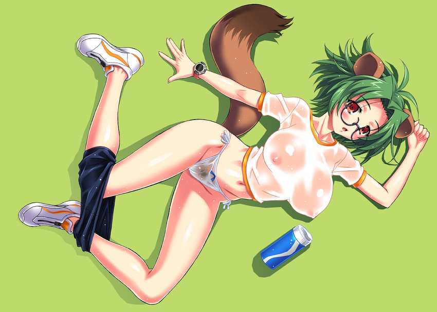 animal_humanoid big_breasts blush breasts clothing ddlngo erect_nipples eyewear female glasses green_hair hair hi_res humanoid mammal nipples pubes pussy red_eyes sheer_clothing short_hair solo tanuki translucent transparent_clothing underwear undressing voluptuous wet