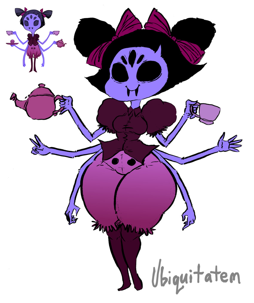 anthro arachnid arthropod black_eyes black_hair fangs female full-length_portrait hair hair_bow hair_ribbon hi_res muffet multi_arm multi_eye multi_limb noseless portrait purple_skin ribbons signature simple_background smile solo spider standing undertale video_games white_background