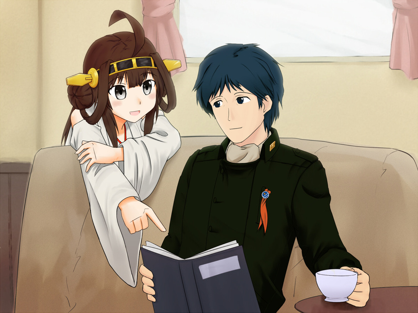 1girl :d ahoge badge blue_hair book brown_hair chair closed_mouth couch cup curtains detached_sleeves ginga_eiyuu_densetsu holding holding_book holding_cup kantai_collection kongou_(kantai_collection) long_sleeves m1903 military military_uniform nontraditional_miko on_couch open_book open_mouth pointing sitting smile teacup uniform wide_sleeves yang_wen-li