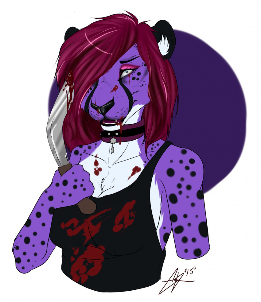 anthro blood cheetah clothed clothing collar dotsfa fangs feline female hair hair_over_eye knife looking_at_viewer mammal open_mouth simple_background solo teeth tongue