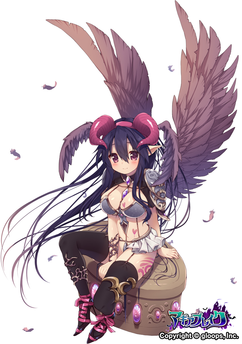 absurdres ankle_ribbon arm_support armor between_legs bikini_armor black_hair black_legwear breasts cleavage copyright_name demon_horns feathers full_body gem hand_between_legs heart heart_tattoo highres horns large_breasts long_hair looking_at_viewer magia_break official_art pauldrons pointy_ears purple_eyes ribbon sidelocks sitting skirt slippers smile solo tattoo thighhighs transparent_background usamata very_long_hair wings