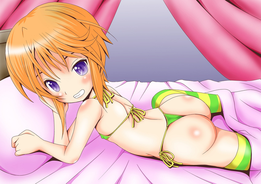 arm_support ass back bed bikini blanket brown_hair canopy_bed covered_nipples elpeo_puru flat_chest green_bikini grin gundam gundam_zz looking_at_viewer lying micro_bikini on_bed pillow purple_eyes side-tie_bikini smile solo striped striped_legwear swimsuit tad_s thighhighs thighs