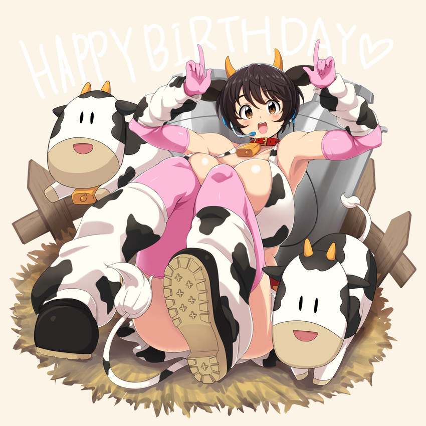 :d animal_ears animal_print bell black_hair blush breasts brown_eyes collar cow cow_ears cow_horns cow_print cow_tail gloves happy_birthday headset highres horns huge_breasts idolmaster idolmaster_cinderella_girls looking_at_viewer nash_(na-si) oikawa_shizuku open_mouth pink_gloves pink_legwear smile solo tail thighhighs