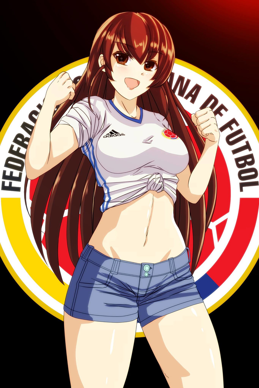 adidas angerox black_background breasts brown_eyes brown_hair buttons clenched_hands clothes_writing colombia copa_america cowboy_shot crop_top denim denim_shorts eyebrows eyebrows_visible_through_hair highres large_breasts logo long_hair looking_at_viewer midriff navel original shirt short_shorts short_sleeves shorts simple_background soccer solo spanish standing stomach t-shirt translated very_long_hair white_shirt