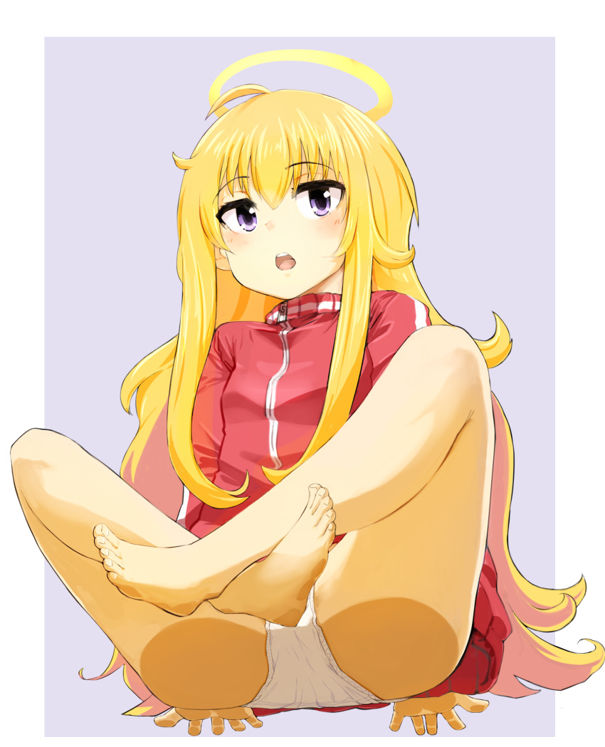 1girl ahoge ass_press bangs bare_legs barefoot blonde_hair blush border breasts commentary_request crossed_ankles eyebrows_visible_through_hair feet from_below gabriel_dropout grey_background halo highres indian_style invisible_floor jacket long_hair long_sleeves looking_at_viewer momo_(higanbana_and_girl) no_pants open_mouth outside_border palms panties purple_eyes raised_eyebrows red_jacket simple_background sitting small_breasts solo spread_fingers tenma_gabriel_white toenails toes track_jacket underwear white_border white_panties zipper_pull_tab