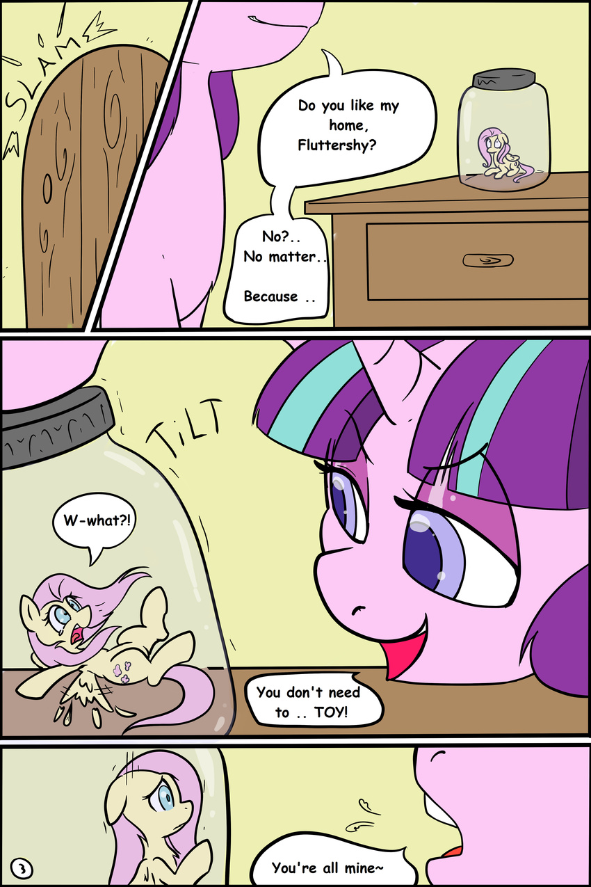 absurd_res comic cutie_mark dialogue duo english_text equine female fluttershy_(mlp) friendship_is_magic gtsdev hair half-closed_eyes hi_res hooves horn inside jar mammal micro multicolored_hair my_little_pony open_mouth pegasus pink_hair starlight_glimmer_(mlp) text two_tone_hair unicorn wings