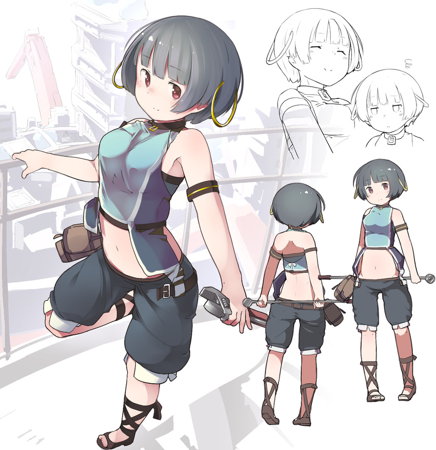 armband bad_id bad_pixiv_id bangs bare_shoulders belt black_hair black_shorts blunt_bangs bob_cut breasts choker closed_eyes closed_mouth commentary_request eyebrows eyebrows_visible_through_hair fuu_fuu gargantia_contest hand_on_railing highres holding hoop leg_up looking_at_viewer medium_breasts midriff multiple_views navel pouch railing red_eyes sandals shoes short_hair shorts sleeveless smile squiggle standing standing_on_one_leg stomach suisei_no_gargantia wrench