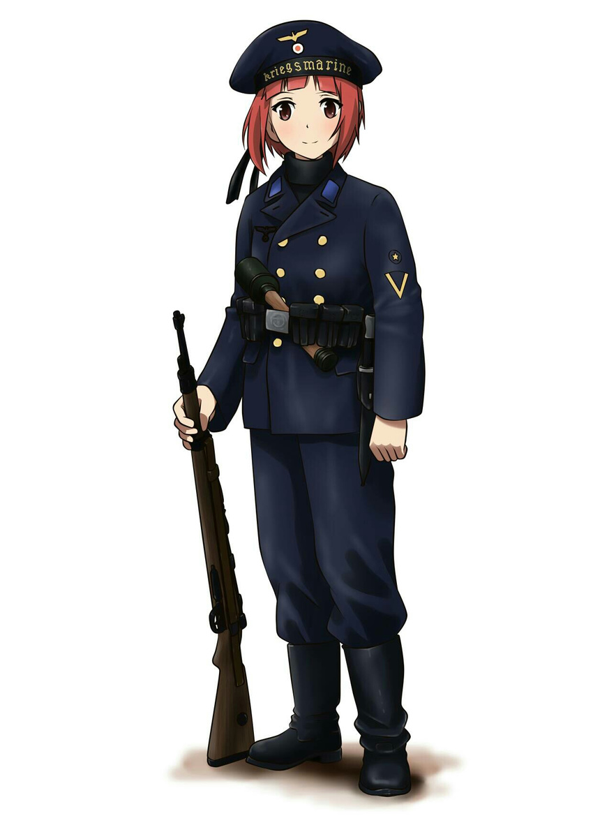 alternate_costume bayonet belt bolt_action boots brown_eyes brown_hair commentary explosive grenade gun hat highres kantai_collection kriegsmarine looking_at_viewer mauser_98 military military_hat military_uniform millimeter naval_uniform pouch rifle sailor_hat short_hair simple_background smile solo turtleneck uniform weapon white_background world_war_ii z3_max_schultz_(kantai_collection)