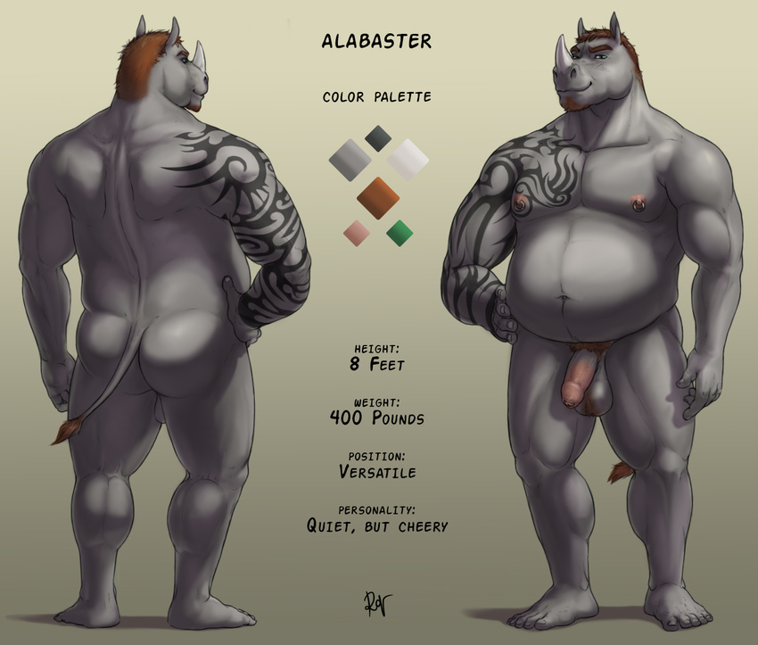 2016 5_toes alabaster anthro balls beard belly biceps big_belly brown_hair digital_media_(artwork) english_text facial_hair flaccid gradient_background grey_skin hair hand_on_hip hi_res horn humanoid_penis looking_at_viewer male mammal model_sheet muscular muscular_male navel nipple_piercing nipples nude pecs penis piercing pointy_ears pubes rhinoceros rov shadow signature simple_background slightly_chubby smile solo standing tail_tuft tattoo text toes tuft uncut