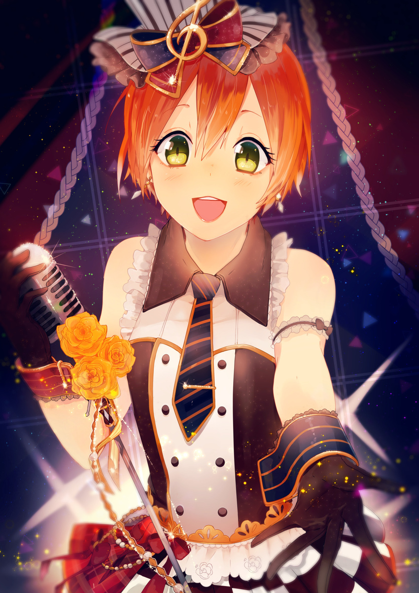 female flower gloves green_eyes happy headdress hoshizora_rin jewelry love_live!_school_idol_project microphone orange_hair shiu solo tie