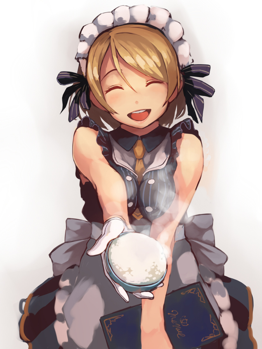 ^_^ alternate_costume apron bangs between_breasts black_dress blonde_hair bowl breast_squeeze breasts brown_hair buttons closed_eyes dress facing_viewer foge frilled_apron frills gloves hair_between_eyes hair_ribbon highres holding holding_bowl koizumi_hanayo love_live! love_live!_school_idol_project maid_headdress medium_breasts menu necktie necktie_between_breasts one_side_up open_mouth outstretched_arm ribbon rice_bowl short_hair simple_background smile solo steam swept_bangs waist_apron waitress white_apron white_background white_gloves yellow_neckwear