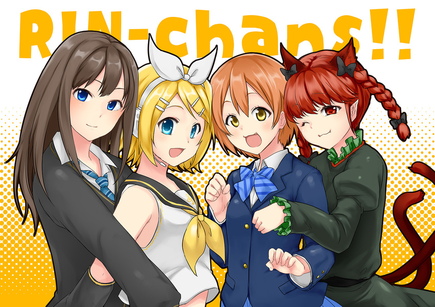 4girls :3 :d ;3 animal_ears bangs black_bow black_dress blazer blonde_hair blouse blue_bow blue_eyes blue_jacket blue_neckwear blue_skirt blush bow bowtie braid cat_ears cat_tail character_name closed_mouth collared_shirt crop_top crossover dress extra_ears eyebrows eyebrows_visible_through_hair fang fang_out frilled_sleeves frills hair_between_eyes hair_bow hair_ornament hairclip headphones headset hoshizora_rin hug hug_from_behind idolmaster idolmaster_cinderella_girls jacket kaenbyou_rin kagamine_rin long_hair long_sleeves looking_at_viewer love_live! love_live!_school_idol_project microphone monrooru multiple_crossover multiple_girls multiple_tails namesake necktie nekomata one_side_up open_mouth orange_hair otonokizaka_school_uniform paw_pose pointy_ears polka_dot polka_dot_background red_eyes red_hair school_uniform shibuya_rin shirt short_hair skirt sleeveless smile striped striped_bow striped_neckwear sweater swept_bangs tail touhou treble_clef twin_braids two-tone_background two_tails upper_body vocaloid white_blouse white_bow white_shirt yellow_eyes