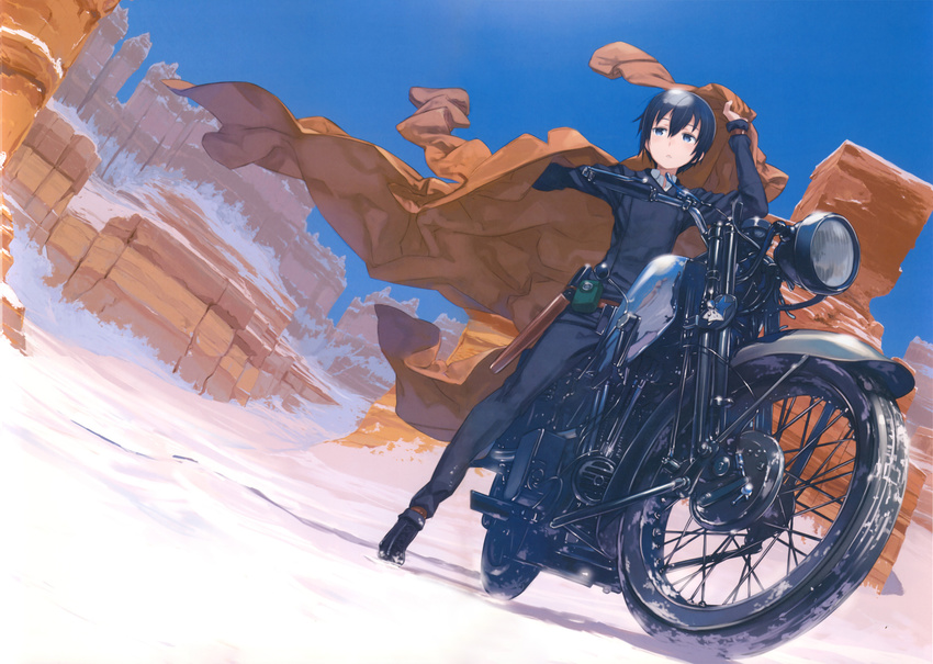 androgynous black_footwear black_hair black_jacket black_pants blue_eyes brough_superior brown_coat coat day desert full_body ground_vehicle gun hair_between_eyes hermes highres holster holstered_weapon jacket kino kino_no_tabi kuroboshi_kouhaku long_sleeves looking_to_the_side motor_vehicle motorcycle mountain official_art on_motorcycle outdoors pants parted_lips pouch reflection shiny shiny_hair short_hair sky snow solo weapon wind wind_lift