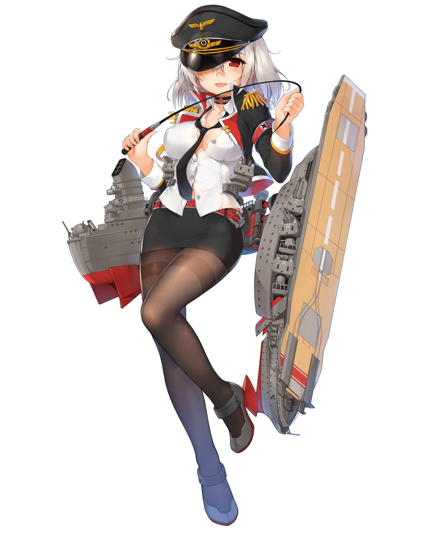 :d aiguillette anchor armband bangs belt between_breasts black_hat black_jacket black_legwear black_neckwear black_skirt blush breasts buttons choker cleavage collarbone collared_shirt cross dress_shirt epaulettes eyelashes flight_deck full_body graf_zeppelin_(zhan_jian_shao_nyu) hair_between_eyes hat hat_over_one_eye highres jacket large_breasts long_sleeves looking_at_viewer loose_necktie machinery miniskirt necktie official_art one_eye_covered open_clothes open_jacket open_mouth pantyhose peaked_cap pencil_skirt red_eyes riding_crop rigging rudder_shoes shirt skirt smile solo standing standing_on_one_leg suika01 thighband_pantyhose unbuttoned unbuttoned_shirt white_hair white_shirt zhan_jian_shao_nyu