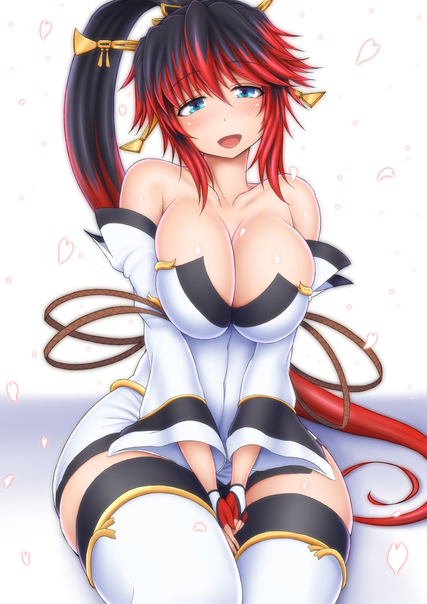 bare_shoulders black_hair blue_eyes breast_squeeze breasts cherry_blossoms cleavage curvy high_ponytail highres large_breasts looking_at_viewer nanbu_kaguya open_mouth ponpo red_hair smile solo super_robot_wars super_robot_wars_original_generation thick_thighs thighs white_legwear wide_hips