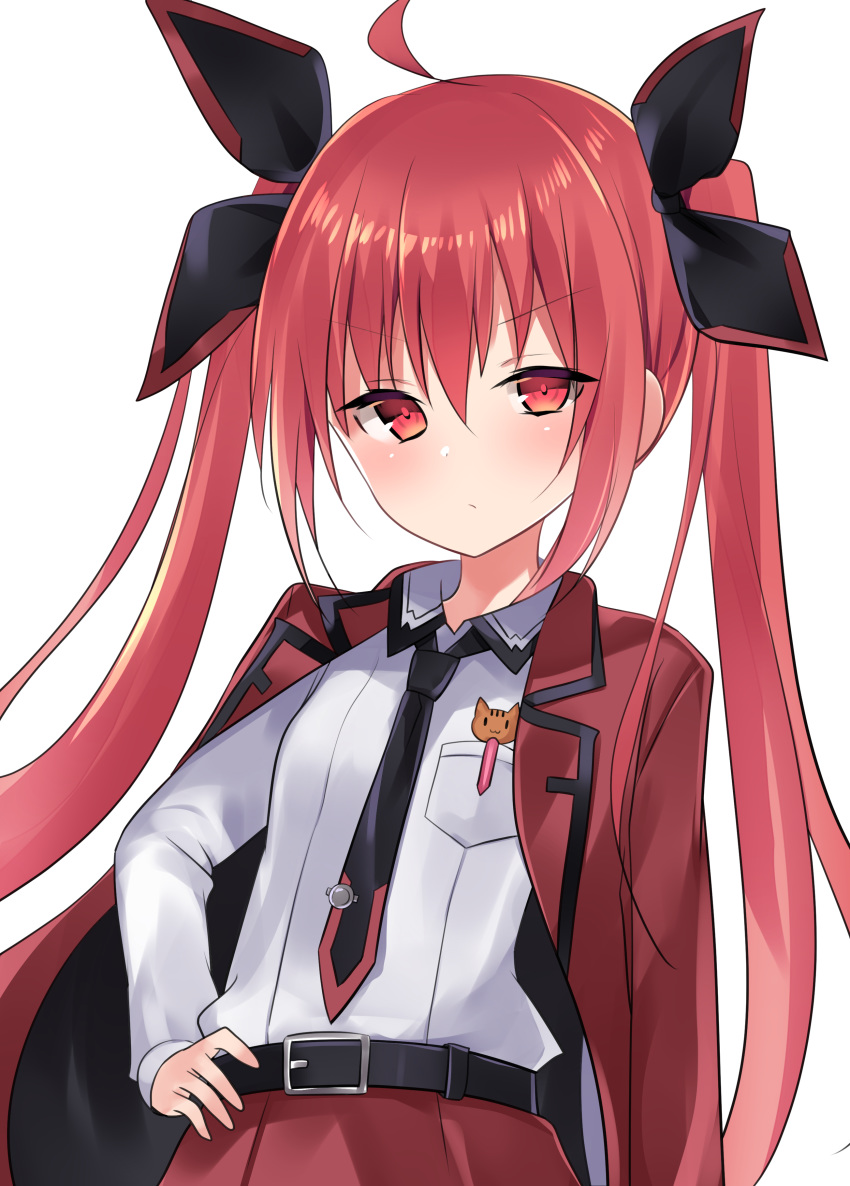 1girl absurdres ahoge bangs belt black_neckwear black_ribbon blush breast_pocket closed_mouth coat collared_shirt date_a_live eyebrows_visible_through_hair frown hair_between_eyes hair_ribbon hand_on_hip highres itsuka_kotori jacket_on_shoulders long_hair looking_at_viewer natsu_(sinker8c) necktie open_clothes open_coat pocket red_coat red_eyes red_hair ribbon shirt shirt_tucked_in sidelocks simple_background solo twintails upper_body v-shaped_eyebrows white_background white_shirt wing_collar
