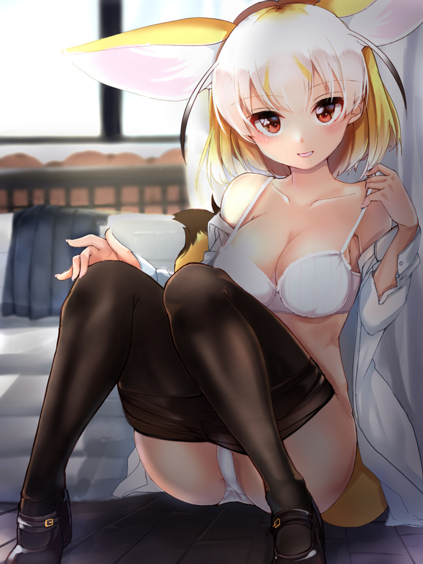 1girl animal_ears black_footwear black_legwear blurry blurry_background blush bra breasts cleavage collarbone depth_of_field extra_ears fennec_(kemono_friends) fox_ears fox_tail highres indoors kemono_friends kinou_no_shika knees_together_feet_apart long_sleeves looking_at_viewer mary_janes medium_breasts off_shoulder on_floor open_clothes open_shirt panties pantyhose pantyhose_pull parted_lips red_eyes shirt shoes sitting solo tail underwear white_bra white_panties white_shirt