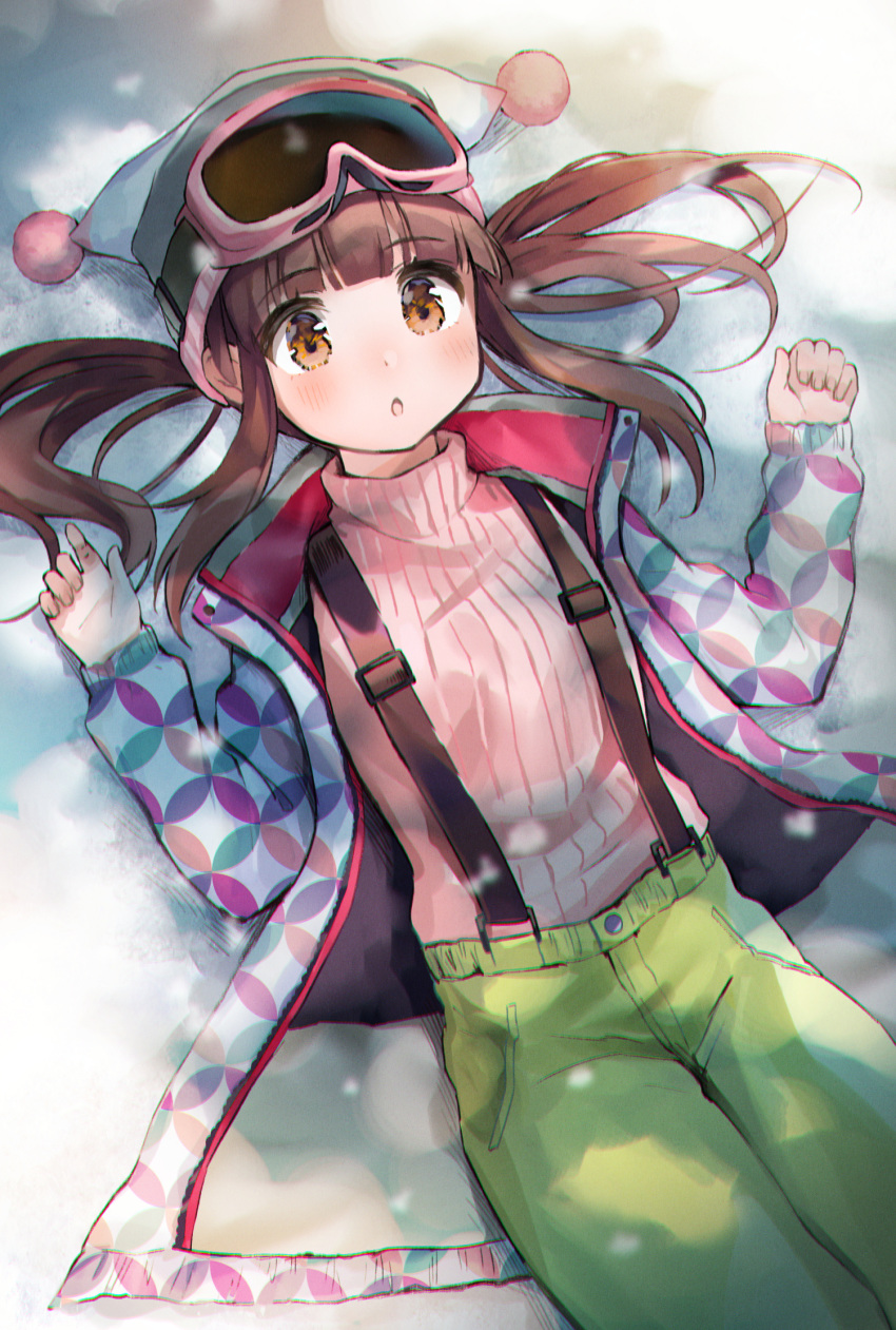 1girl :o bangs blush brown_eyes brown_hair commentary_request cowboy_shot eyebrows_visible_through_hair goggles goggles_on_head green_pants hands_up hat highres idolmaster idolmaster_cinderella_girls jacket kiyosato0928 long_hair long_sleeves looking_at_viewer lying ogata_chieri on_back open_clothes open_jacket pants parted_lips pink_sweater ribbed_sweater sidelocks solo sweater turtleneck turtleneck_sweater twintails unmoving_pattern white_hat white_jacket winter_clothes