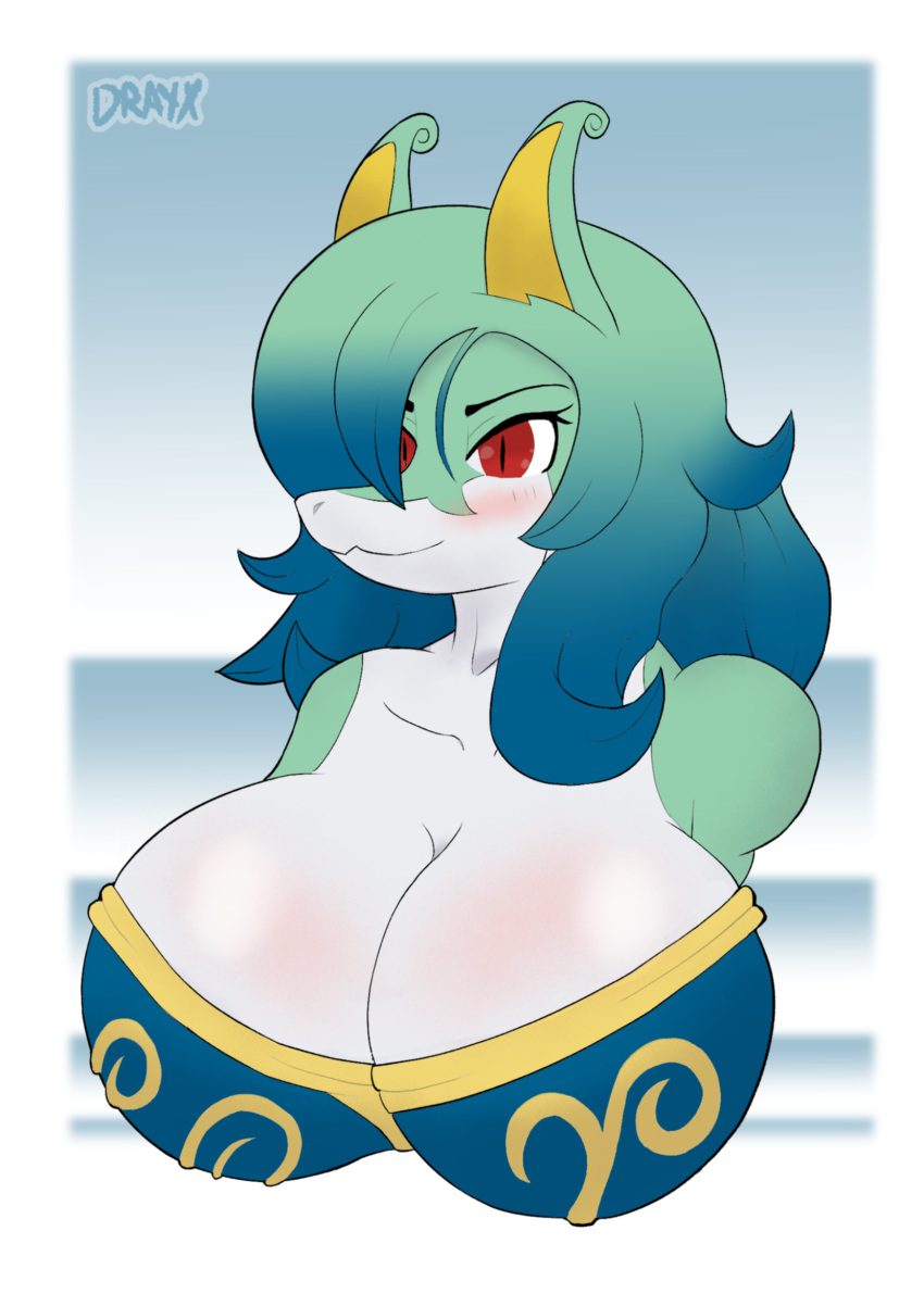 anthro big_breasts breasts bust_portrait cleavage_cutout clothed clothing digital_media_(artwork) drayx female generation_5_pokemon green_hair hair hi_res nintendo pokemon pokemon_(species) portrait pupils red_eyes reptile scalie serperior slit_pupils solo